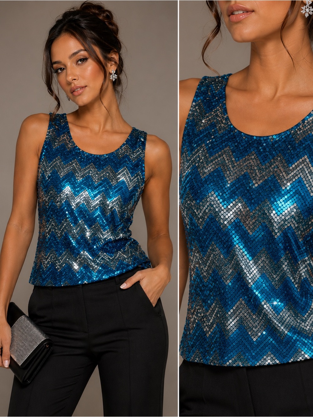 Coldwater Creek Aqua Teal Blue Chevron Sequin Tank Top Large 14 Glam party